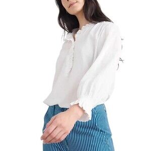 Seasalt Cornwall Feather Star Checked White Ruffle Front Top Long Sleeve US 8